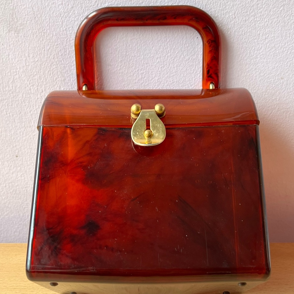 VINTAGE 1960’S FAUX TORTOISE SHELL PLASTIC PURSE HANDBAG BAG GOLDTONE HARDWARE